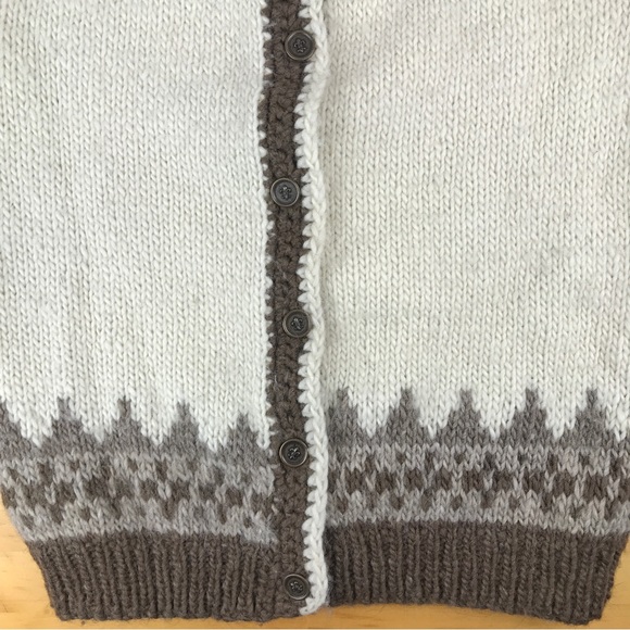 SOLD-Vtg Fair Isle Chunky Wool Cardigan Sweater Handmade M/L Brown Neutral Cream - Picture 11 of 16